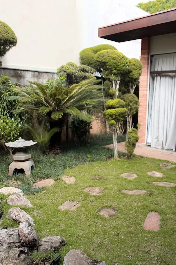 Jardim da casa com topiaria e pedras de passagem